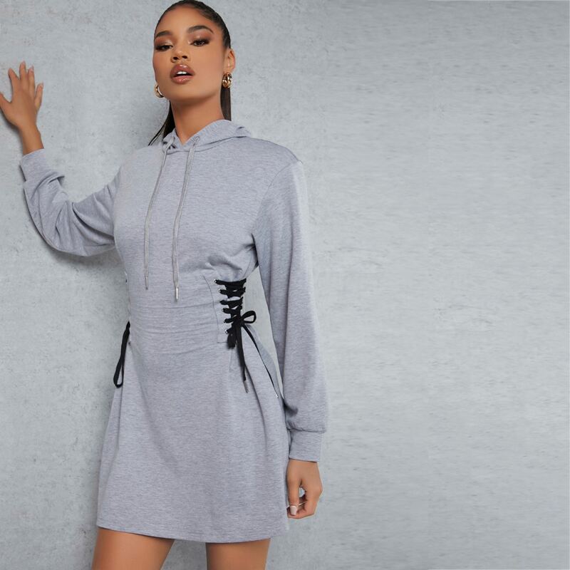 

Lace Up Marled Knit Drawstring Hooded Dress, Grey