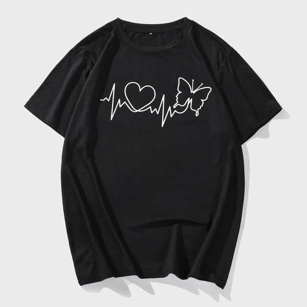 

Men Butterfly And Heart Print Tee, Black