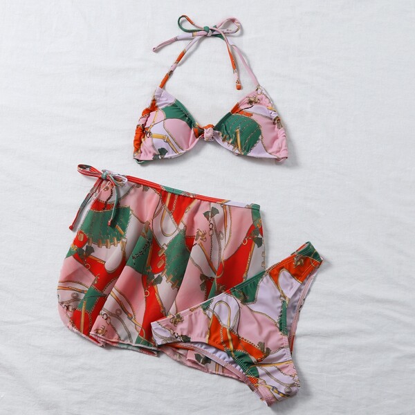

3pack Graphic & Chain Print Bikini Swimsuit, Multicolor