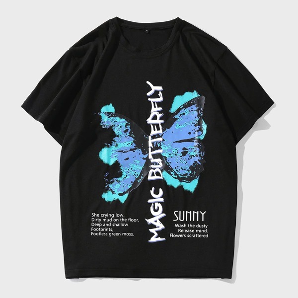 

Men Butterfly And Slogan Graphic Tee, Black