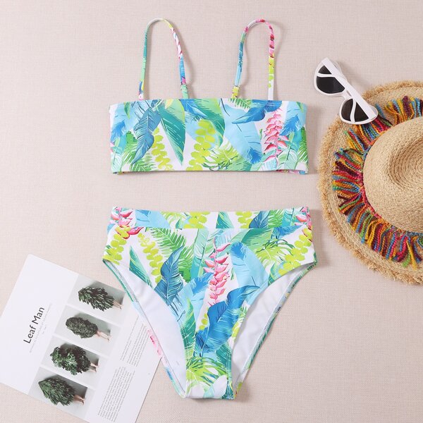 

Plant Random Print High Waisted Bikini Swimsuit, Multicolor
