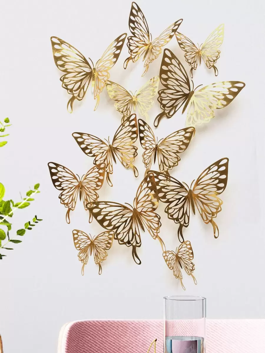 12 piezas Pegatinas de pared de mariposa 3D, pegatinas caladas doradas para decorar dormitorios y escuelas de niños, pegatinas, vinilos decorativos para el hogar, artículos de decoración de primavera para refrescar tu hogar, pegatinas de decoración de festivales, regalos de cumpleaños y graduación - Dorado - Ver 1