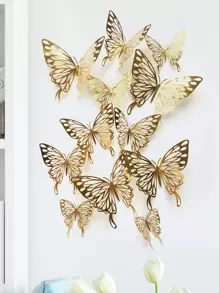 12 piezas Pegatinas de pared de mariposa 3D, pegatinas caladas doradas para decorar dormitorios y escuelas de niños, pegatinas, vinilos decorativos para el hogar, artículos de decoración de primavera para refrescar tu hogar, pegatinas de decoración de festivales, regalos de cumpleaños y graduación - Dorado - Ver 6