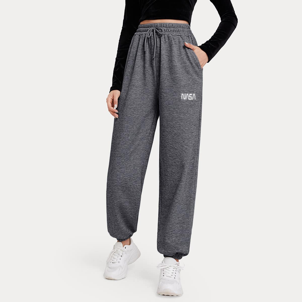 

Letter Graphic Drawstring Sweatpants, Dark grey