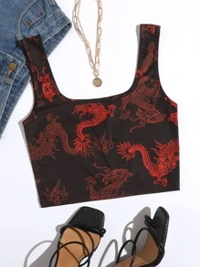 SHEIN Unity Chinese Dragon Print Crop Tank Top - Black - View 1