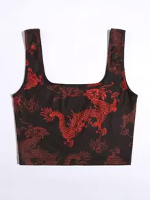 SHEIN Unity Chinese Dragon Print Crop Tank Top - Black - View 2