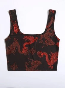 SHEIN Unity Chinese Dragon Print Crop Tank Top - Black - View 3