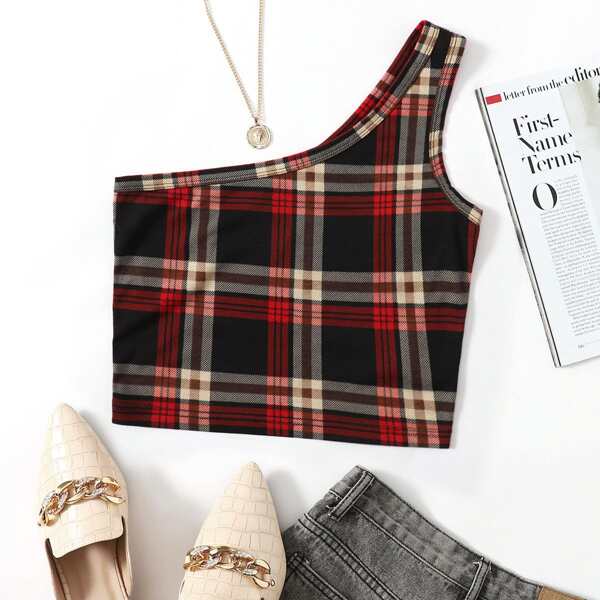 

Plaid One Shoulder Crop Top, Multicolor