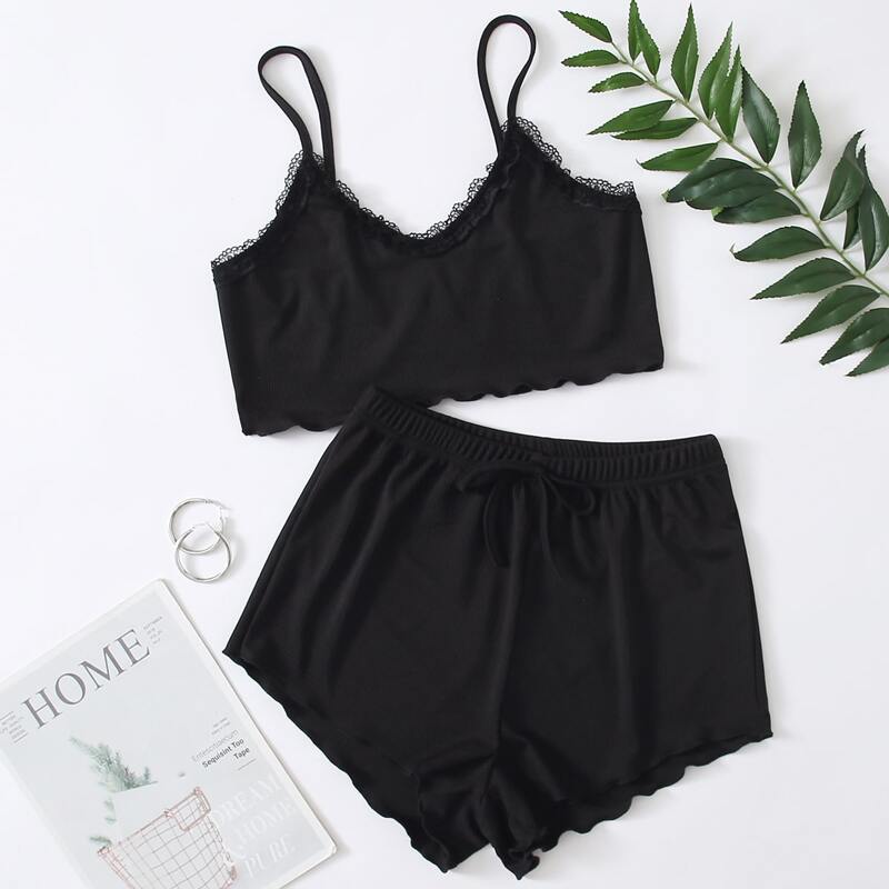 

Lace Trim Lettuce Trim Cami Pajama Set, Black