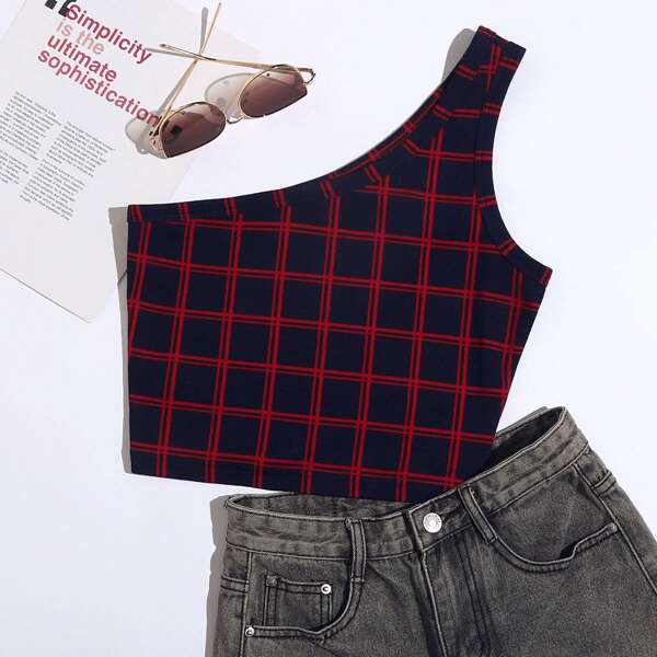 

Plaid One Shoulder Crop Top, Multicolor
