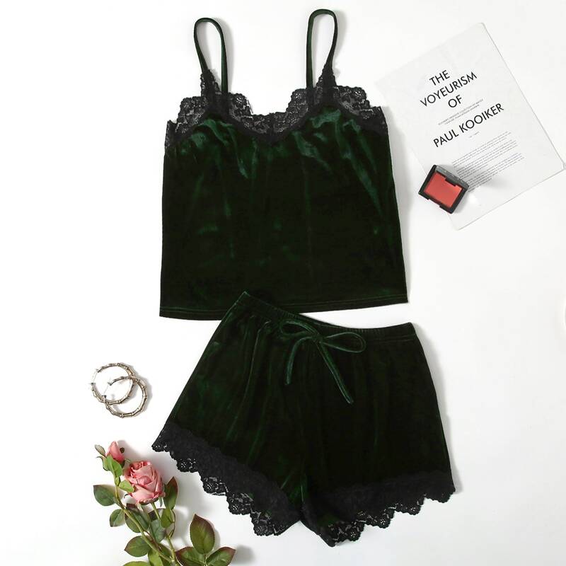 

Lace Trim Velvet Cami Night Set, Dark green