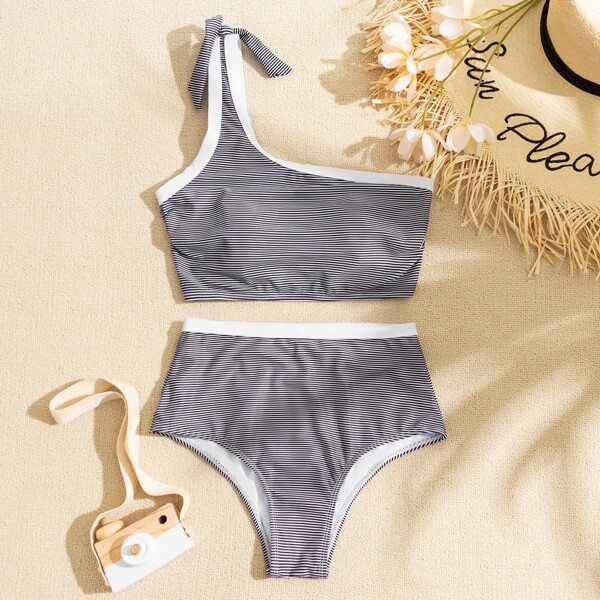 

Striped Tie Shoulder Bikini Swimsuit, Black and white