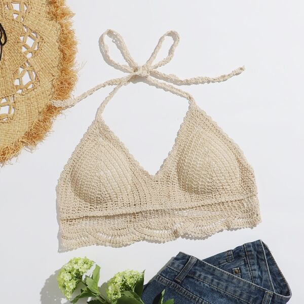 

Tie Back Solid Halter Top, Beige