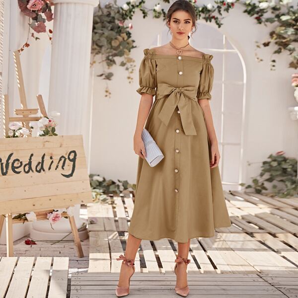 

Off Shoulder Ruffle Trim Buttoned Front Belted Dress, Camel