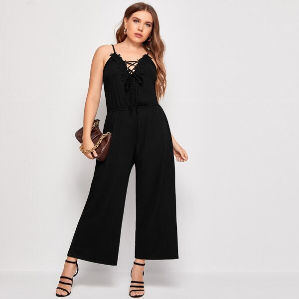 

Plus Contrast Lace Cami Jumpsuit, Black