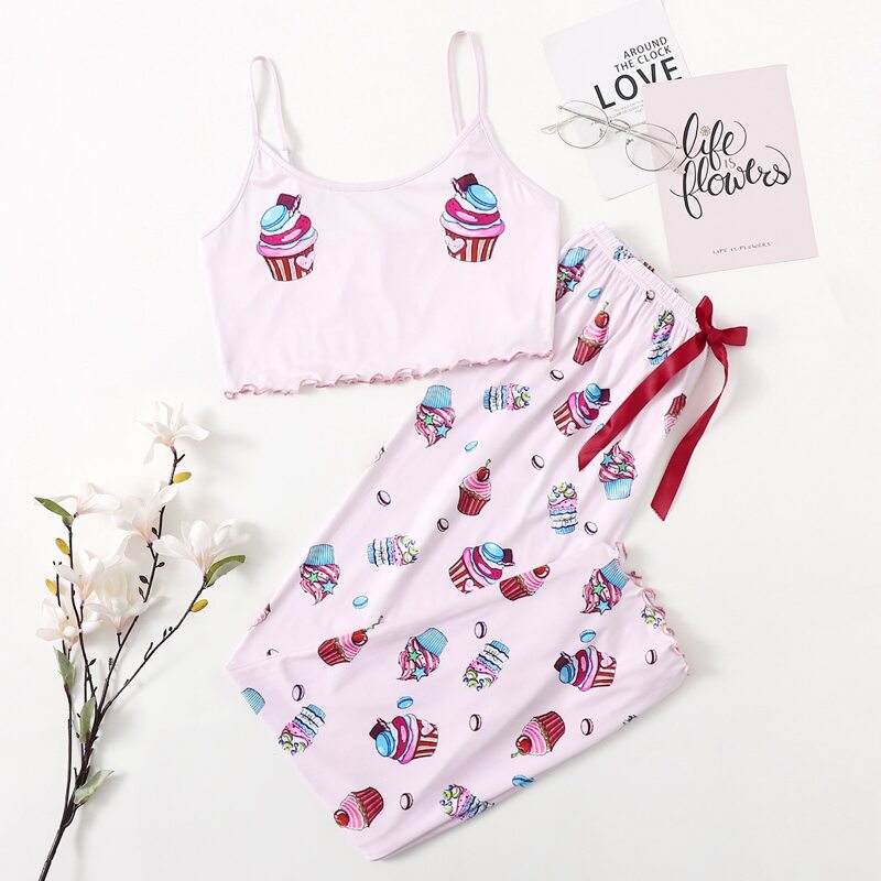 

Cartoon Graphic Lettuce Trim Cami Pajama Set, Baby pink