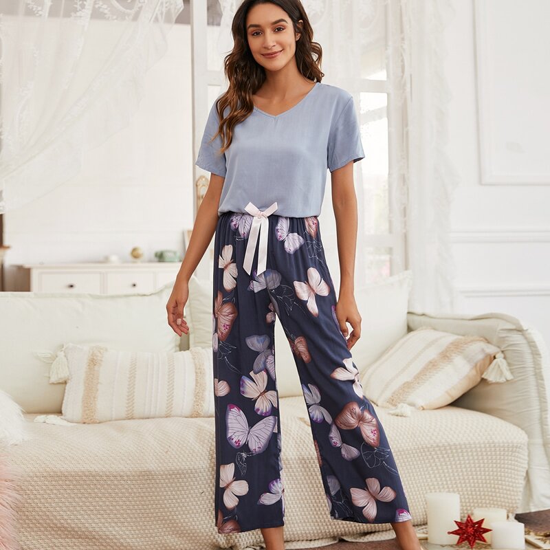 

Butterfly Print Bow Front Sleep Pants, Navy blue