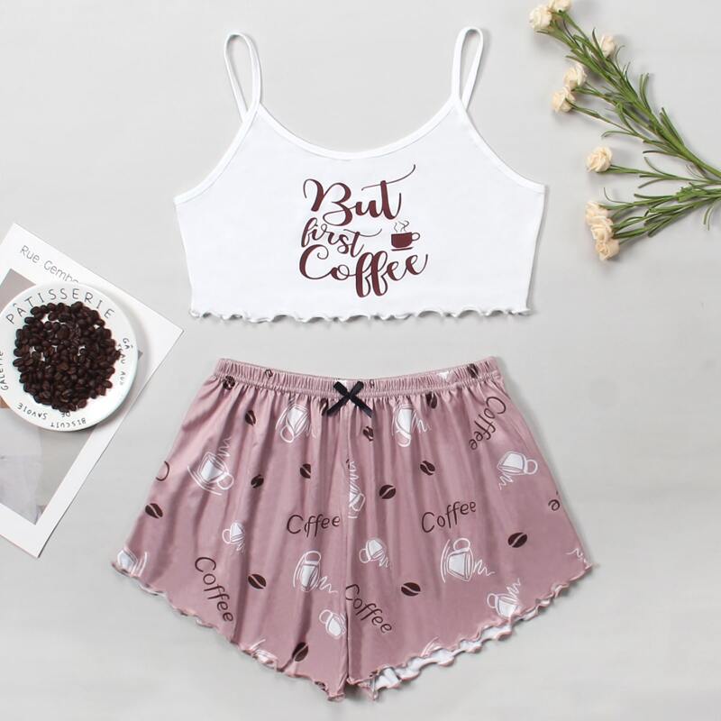 

Slogan Graphic Lettuce Trim Cami Pajama Set, Multicolor