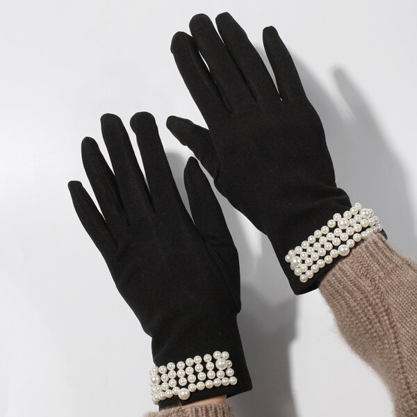 

Faux Pearl Decor Gloves, Black