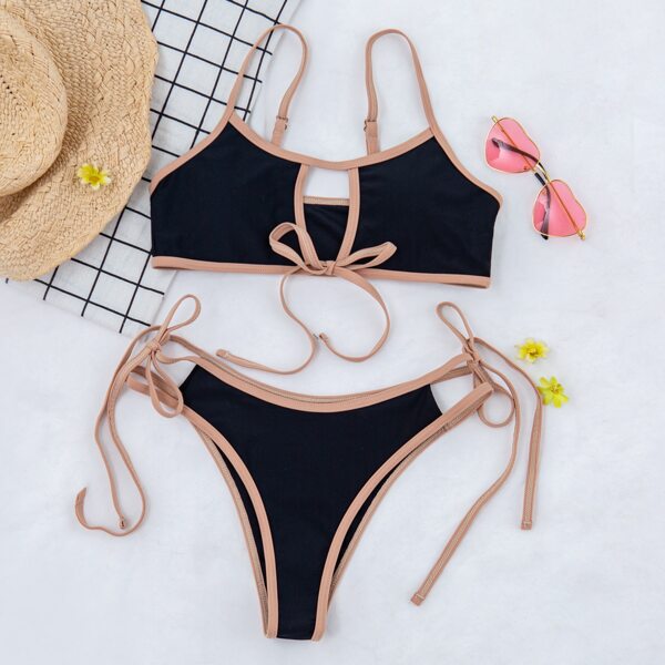 

Contrast Binding Tie Front Bikini Swimsuit, Black