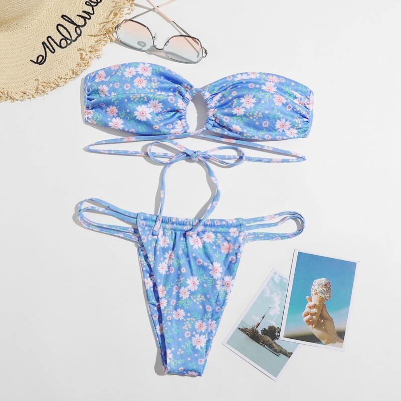 

Floral Thong Bikini Swimsuit, Baby blue