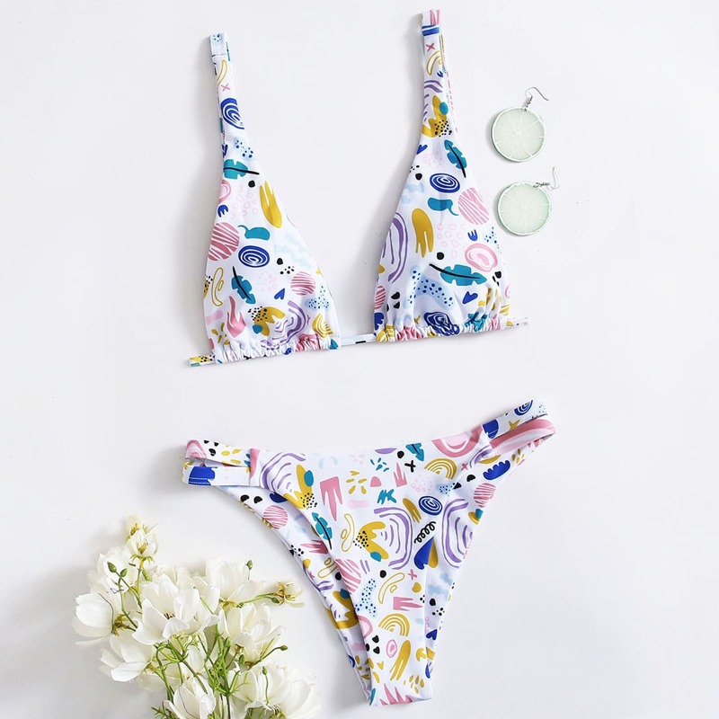 

Cartoon Print Triangle Bikini Swimsuit, Multicolor