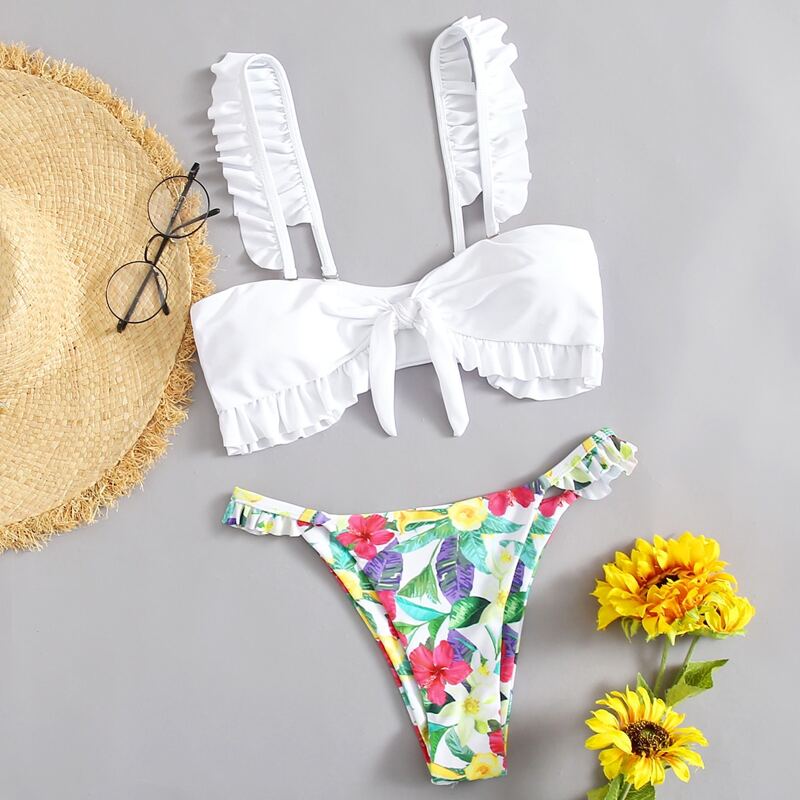

Floral Ruffle High Cut Bikini Swimsuit, Multicolor