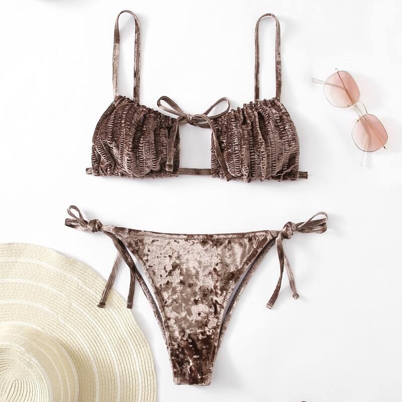 

Velvet Ruched Tie Side Bikini Swimsuit, Coffee brown