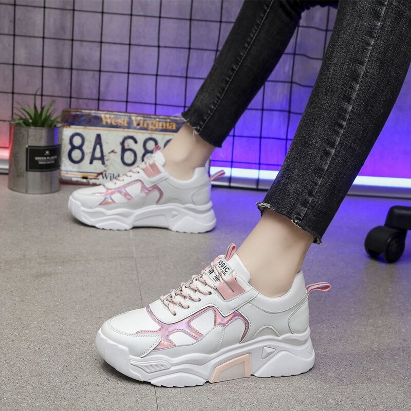 

Holographic Lace-up Chunky Sneakers, White