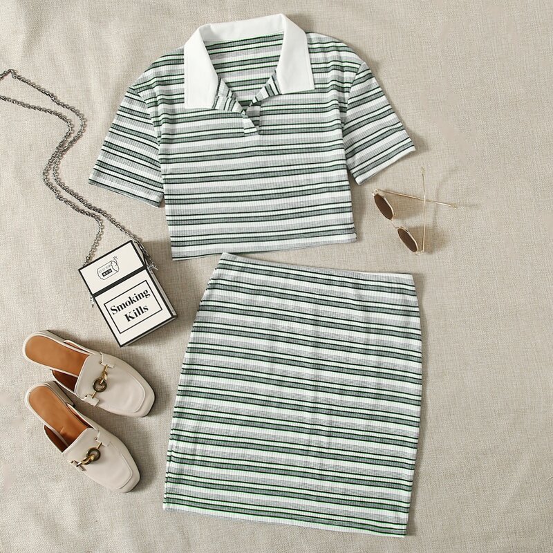 

Striped Rib Crop Tee & Mini Skirt, Multicolor