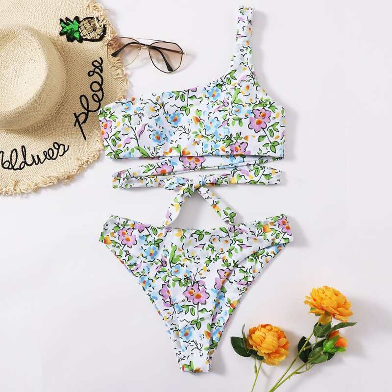 

Floral Criss Cross High Cut Bikini Swimsuit, Multicolor
