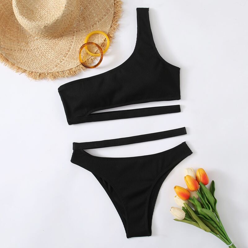 

One Shoulder Cut-out Bikini Swimsuit, Black