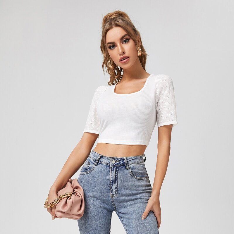 

Eyelet Embroidery Sleeve Ribbed Crop Tee, White