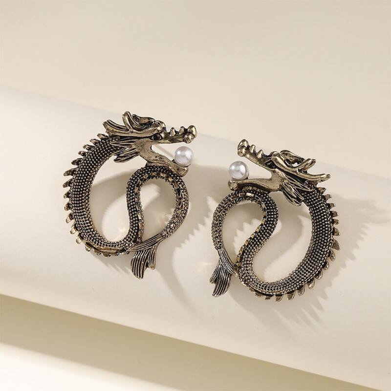 

Chinese Dragon Design Drop Earrings, Bronze