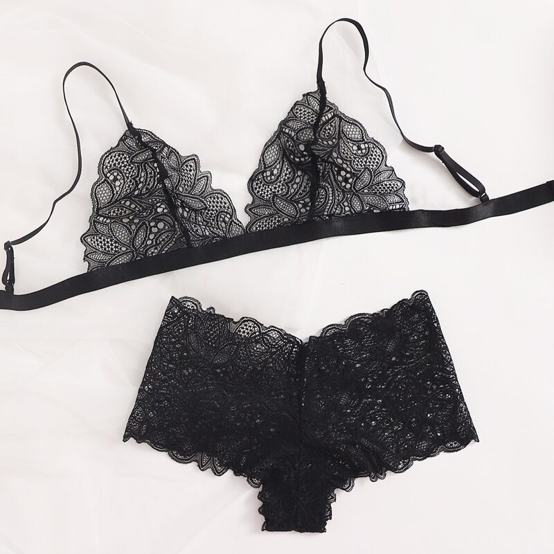 

Solid Lace Lingerie Set, Black