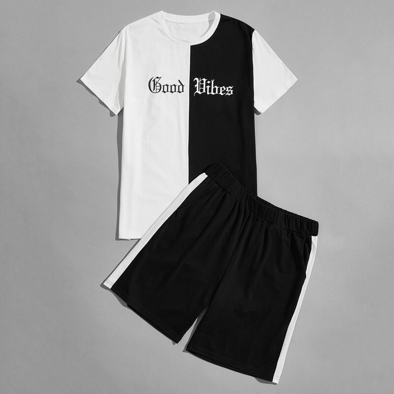 

Guys Two Tone Letter Graphic Tee & Track Shorts, Black and white