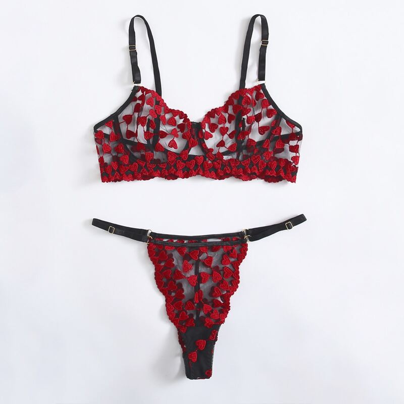 

Lace Heart Embroidery Lingerie Set, Black
