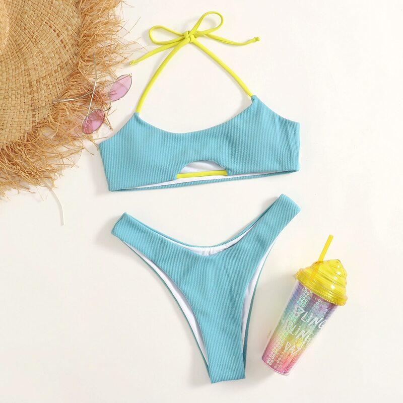 

Cut-out High Cut Bikini Swimsuit, Mint blue