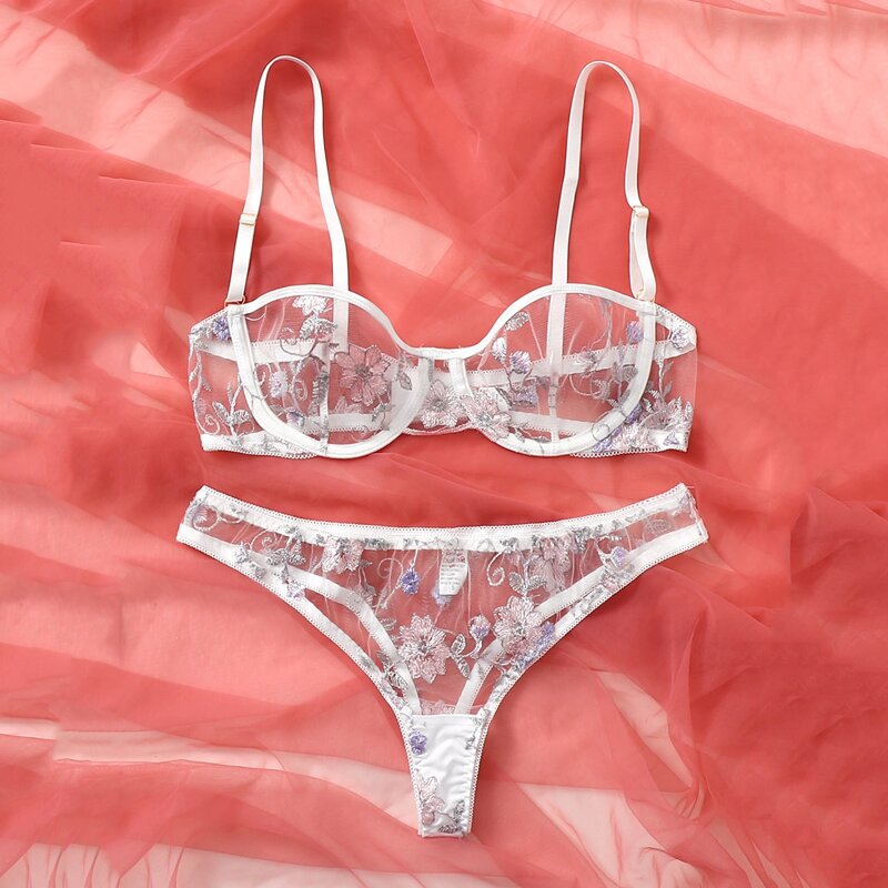 

Floral Embroidery Sheer Mesh Lingerie Set, White