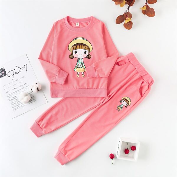 

Girls Cartoon Girl Print Sweatshirt & Sweatpants, Pink