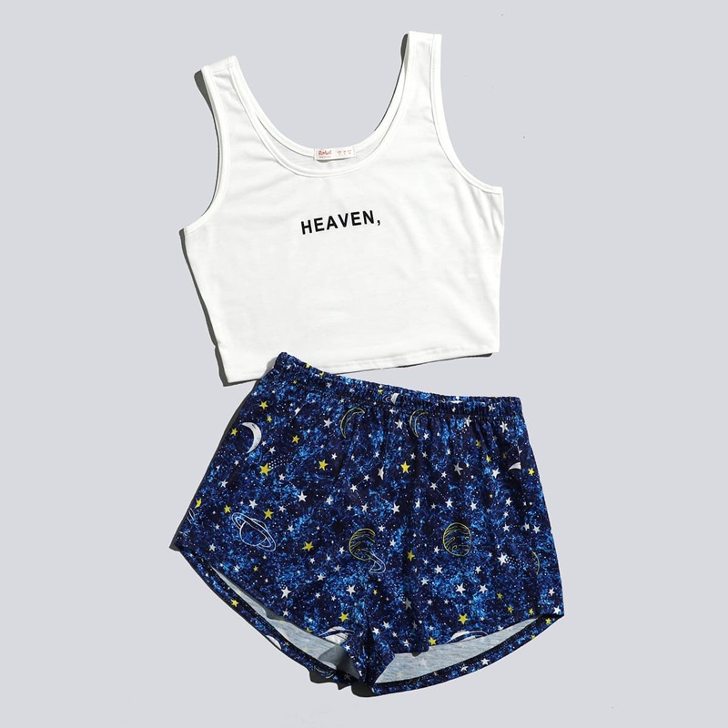 

Galaxy Print Shorts PJ Set, Blue and white