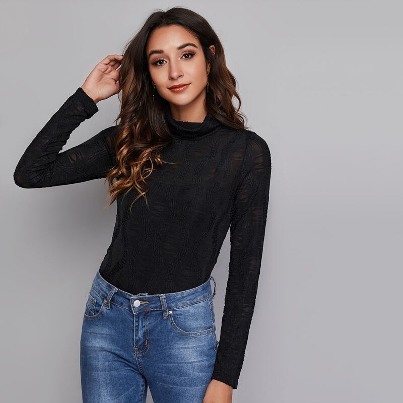 

Turtle Neck Slim Top, Black