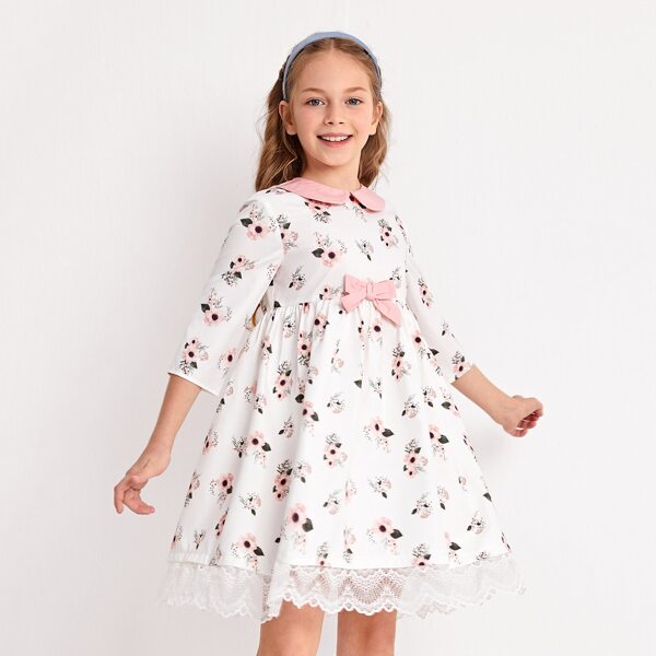 

Girls Bow Front Lace Hem Floral Dress, White