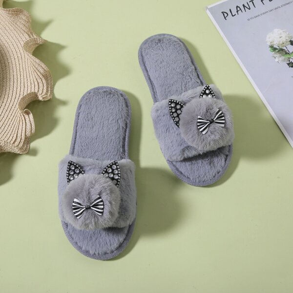 

Fluffy Rhinestone & Bow Decor Slippers, Grey
