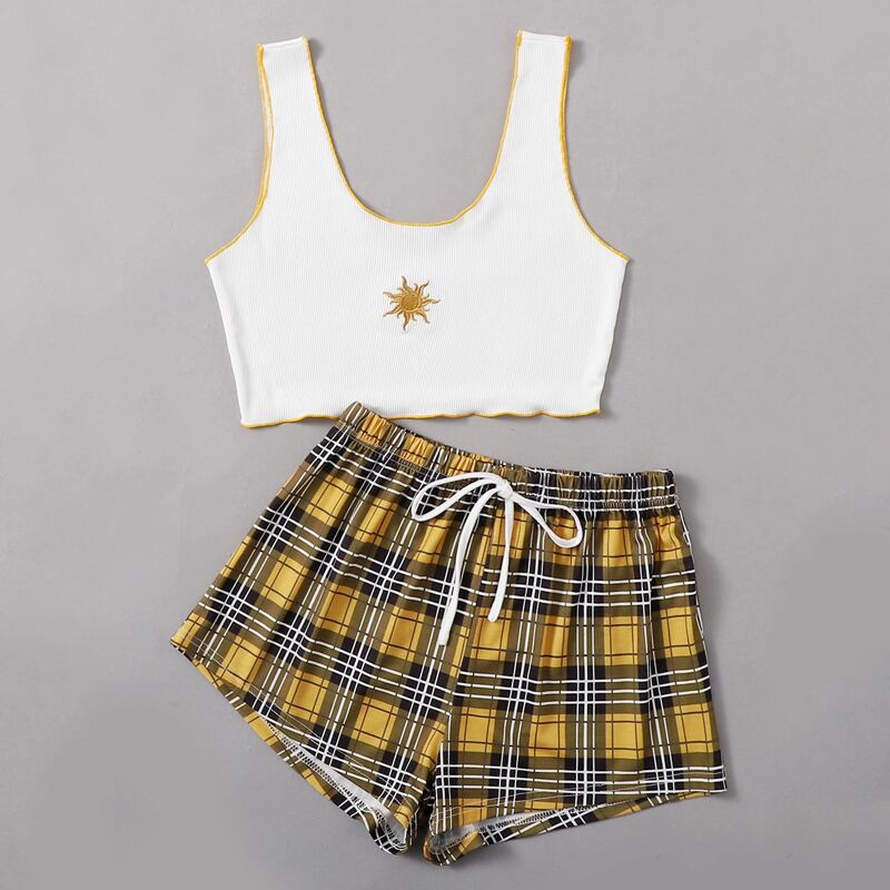 

Sun Embroidery Plaid Shorts PJ Set, Multicolor
