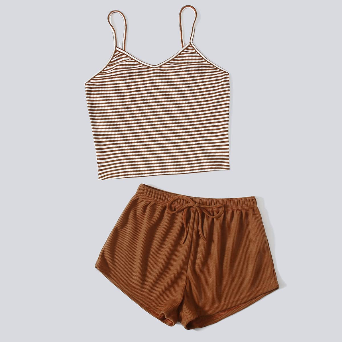 

Striped Tie Front Shorts PJ Set, Brown