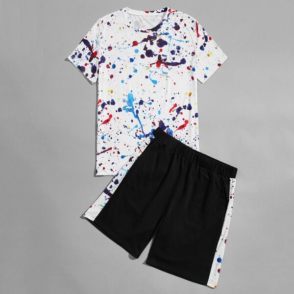

Men Splash Ink Tee With Slant Pocket Shorts, Multicolor