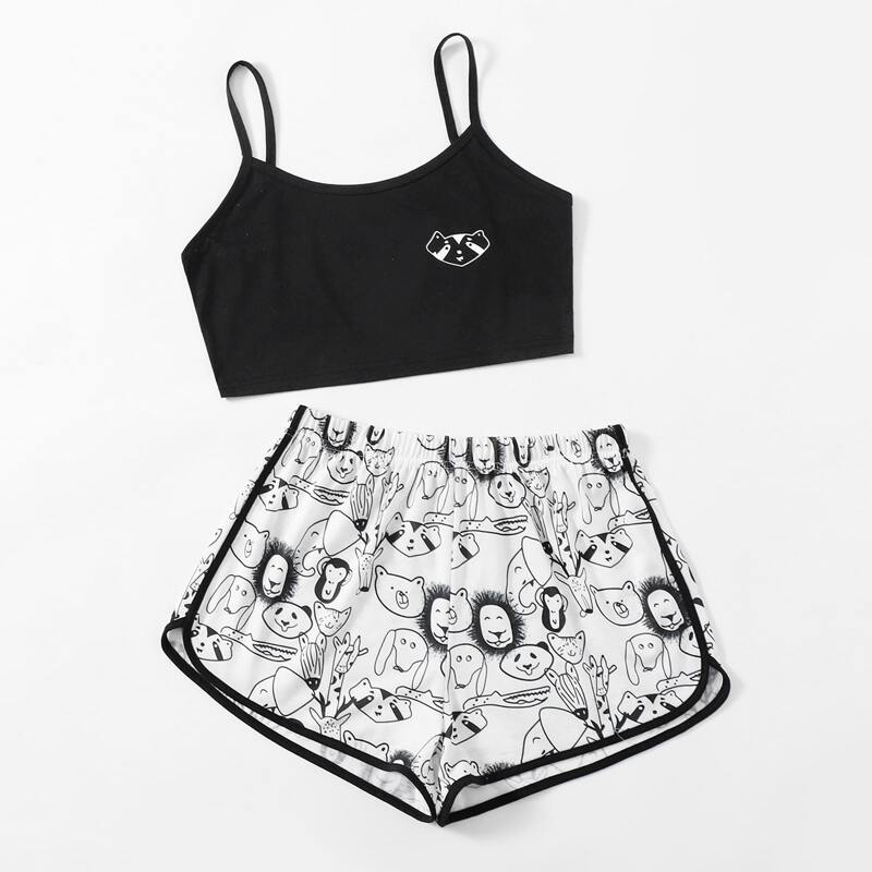 

Random Cartoon Print Shorts PJ Set, Black and white