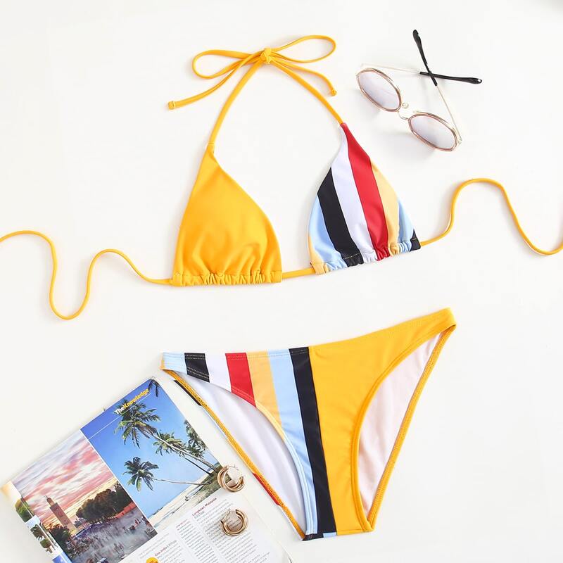 

Contrast Striped Triangle Bikini Swimsuit, Multicolor
