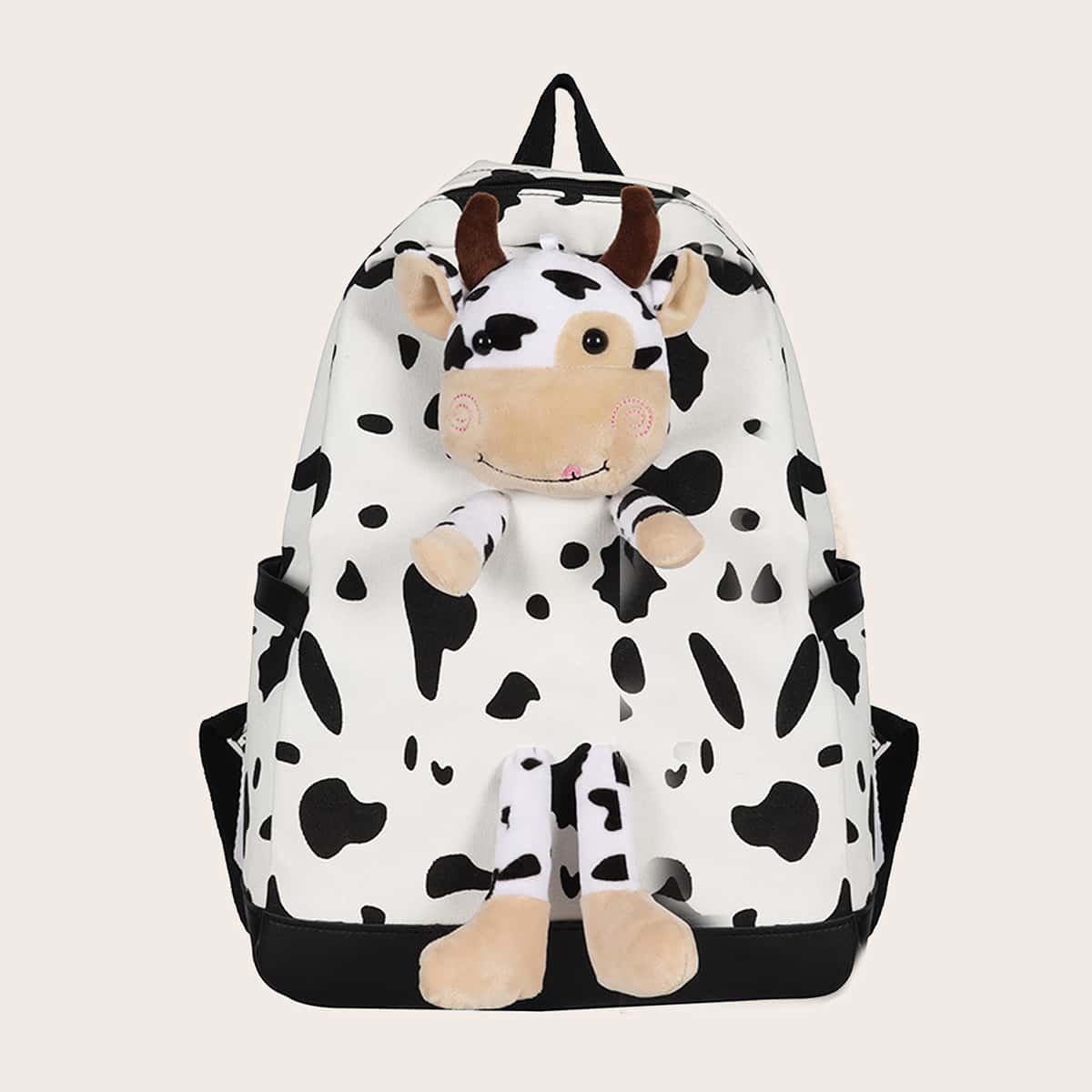 

Cartoon Decor Cow Pattern Backpack, Black and white